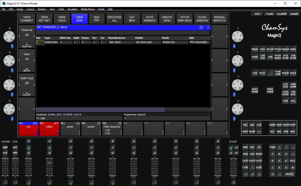 screencapture of the magicQ lighting software showing the light detected over RDM